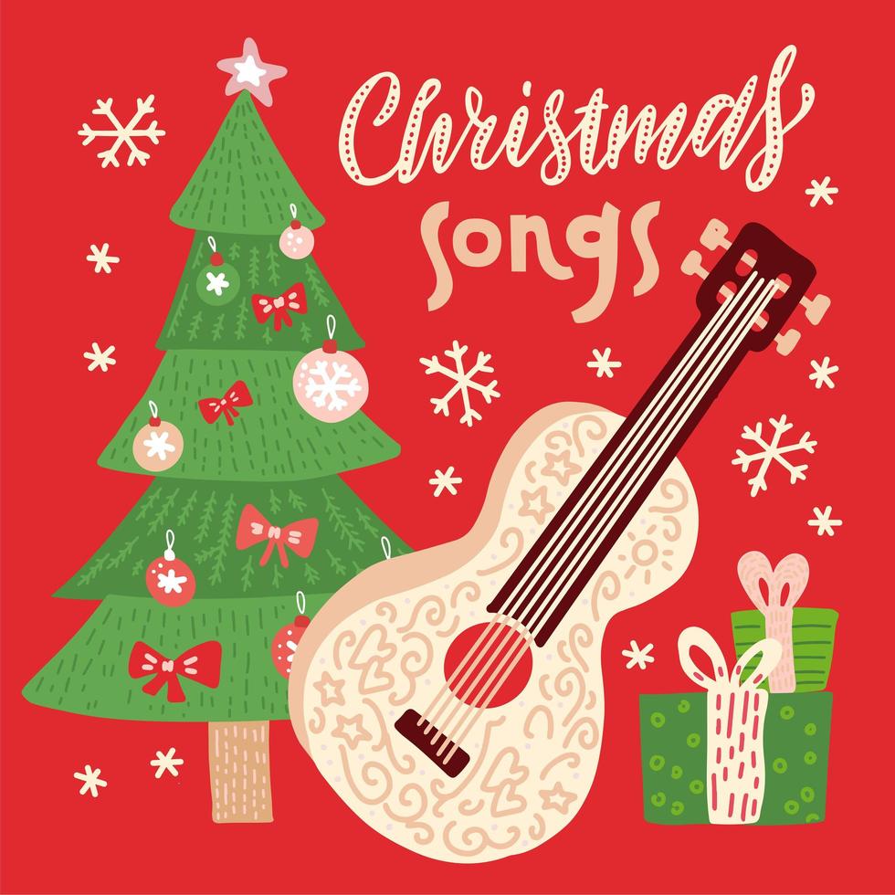 canciones navideñas - ilustración vectorial para portada de disco con  música navideña. guitarra con cuerdas, árbol de navidad, cajas de regalo y  copos de nieve en el fondo 6250264 Vector en Vecteezy