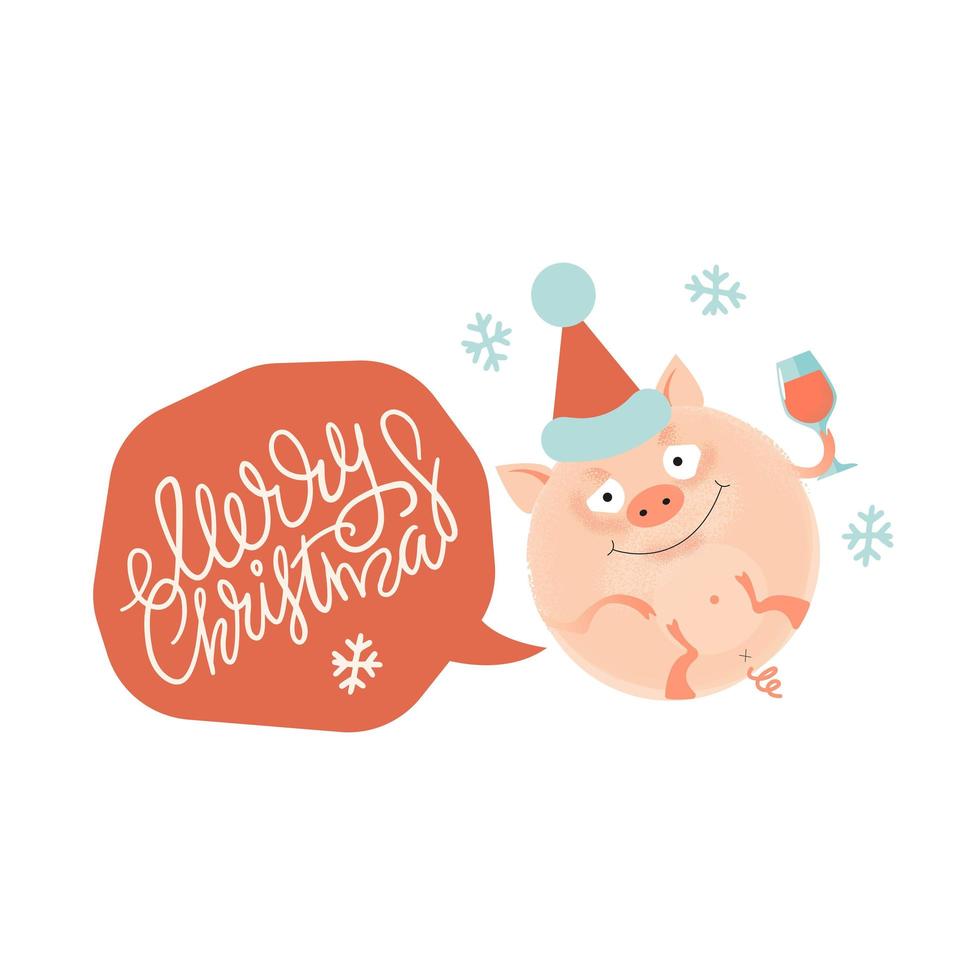 Cute Christmas card with lettering inscription - Merry Christmas - in speach bubble. Round pig character on santa cap with a glass of champagne . vector