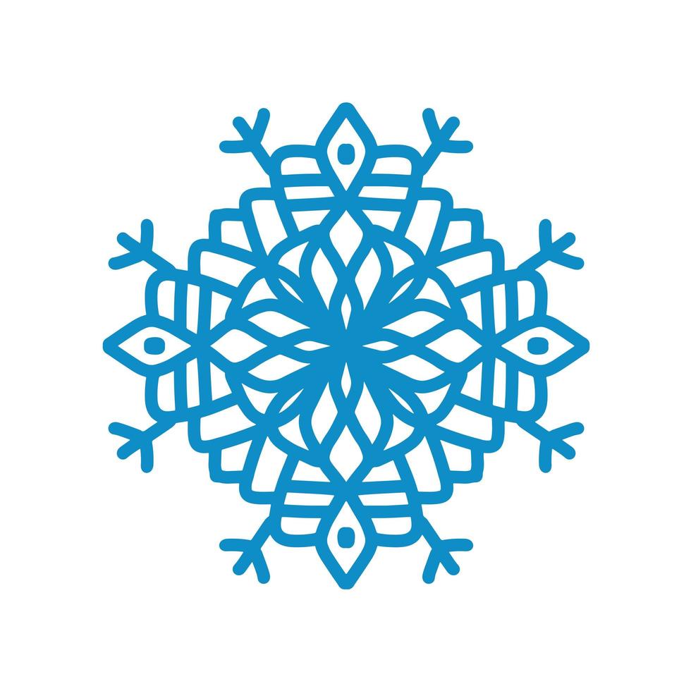 Snowflake icon. Blue silhouette snow flake sign isolated on white background. Flat design. Symbol of winter Christmas, New Year holiday. Graphic element decoration Vector hand drawn illustration