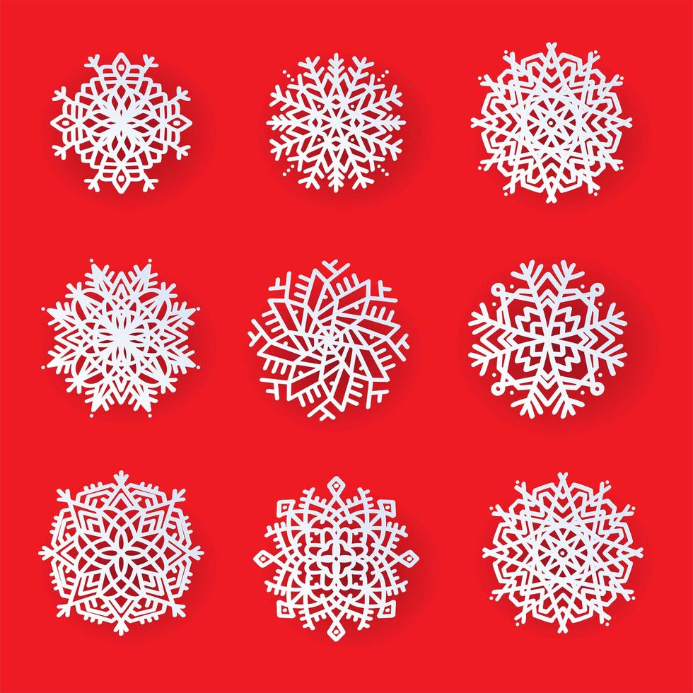 Set of beautiful patterned laser cut snowflakes. Template christmas, new year decorations designs. Elements for the New Year holidays. Vector illustration on a red background