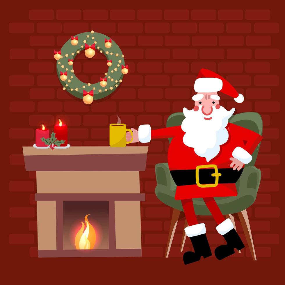 Santa Claus Cartoon character sitting at home near fireplace and drinking hot tea Merry Christmas concept. Santa is resting. in big green armchair. Vector flat illustration.