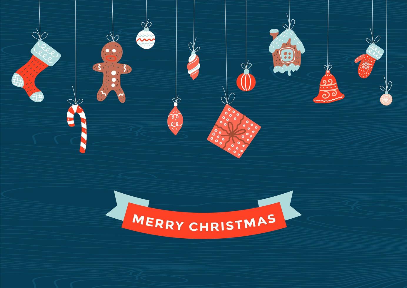 Merry Christmas and Happy New Year winter greeting card wooden background with xmas decoration elements hanging on ropes as garland in red and blue colors vector