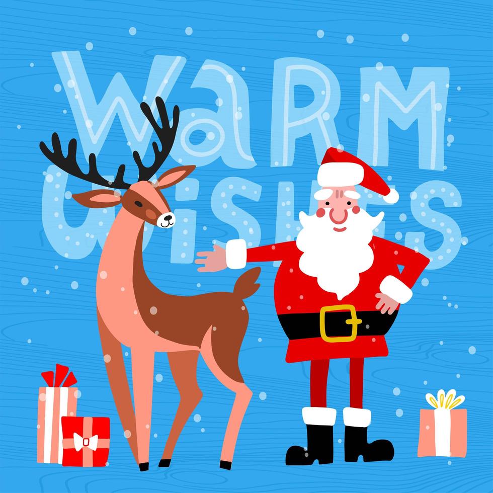 Merry Christmas greeting card with Santa Claus and deer. Vector illustration of cartoon character standing together with gift boxes and reindeer. Warm wishes text.