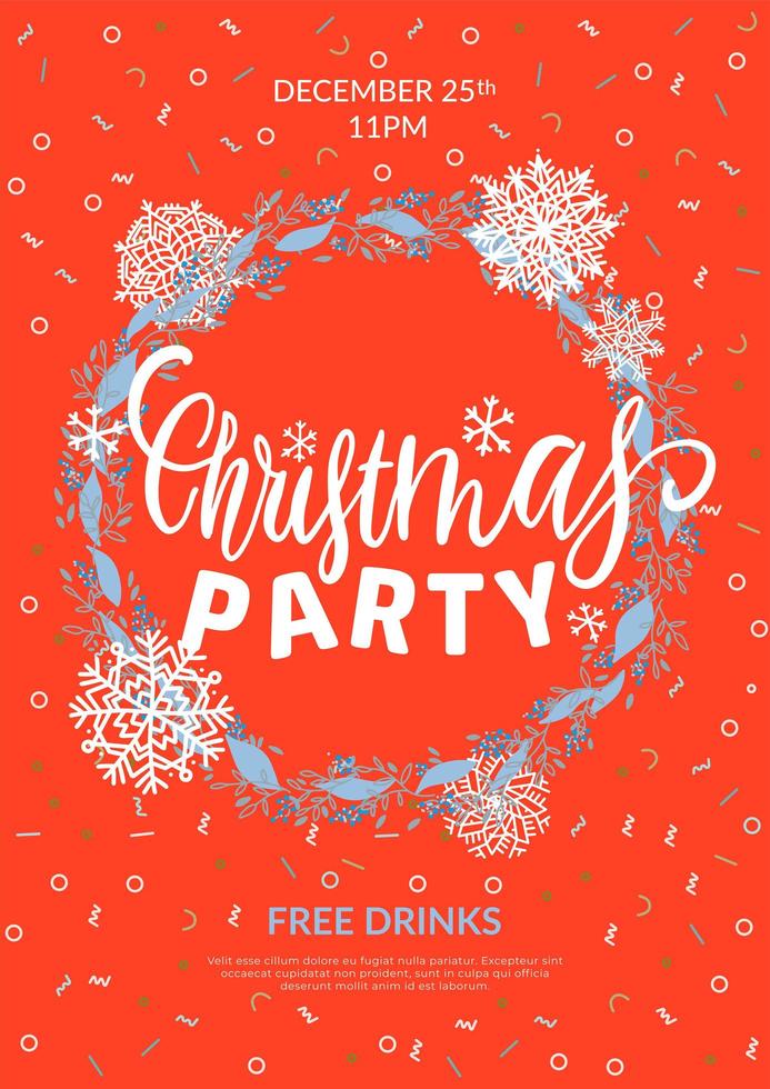 Christmas party a4 poster. Greeting card with a festive wreath with snowflakes. Design Elements. Vector illustration