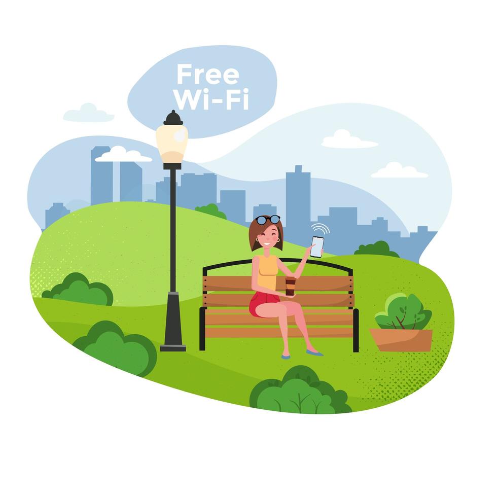 Vector flat cartoon illustration - woman on a bench with free wifi. Park, trees and hills on background. Free wifi zone and city park web posters. Woman sitting on bench with smartphone