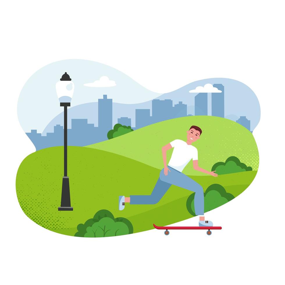 Vector flat cartoon illustration - Skateboard riding man. Park, trees and hills on background for Banner, site, poster design. Healthy Lifestyle Template. Active Character Man on Skateboard in Park.