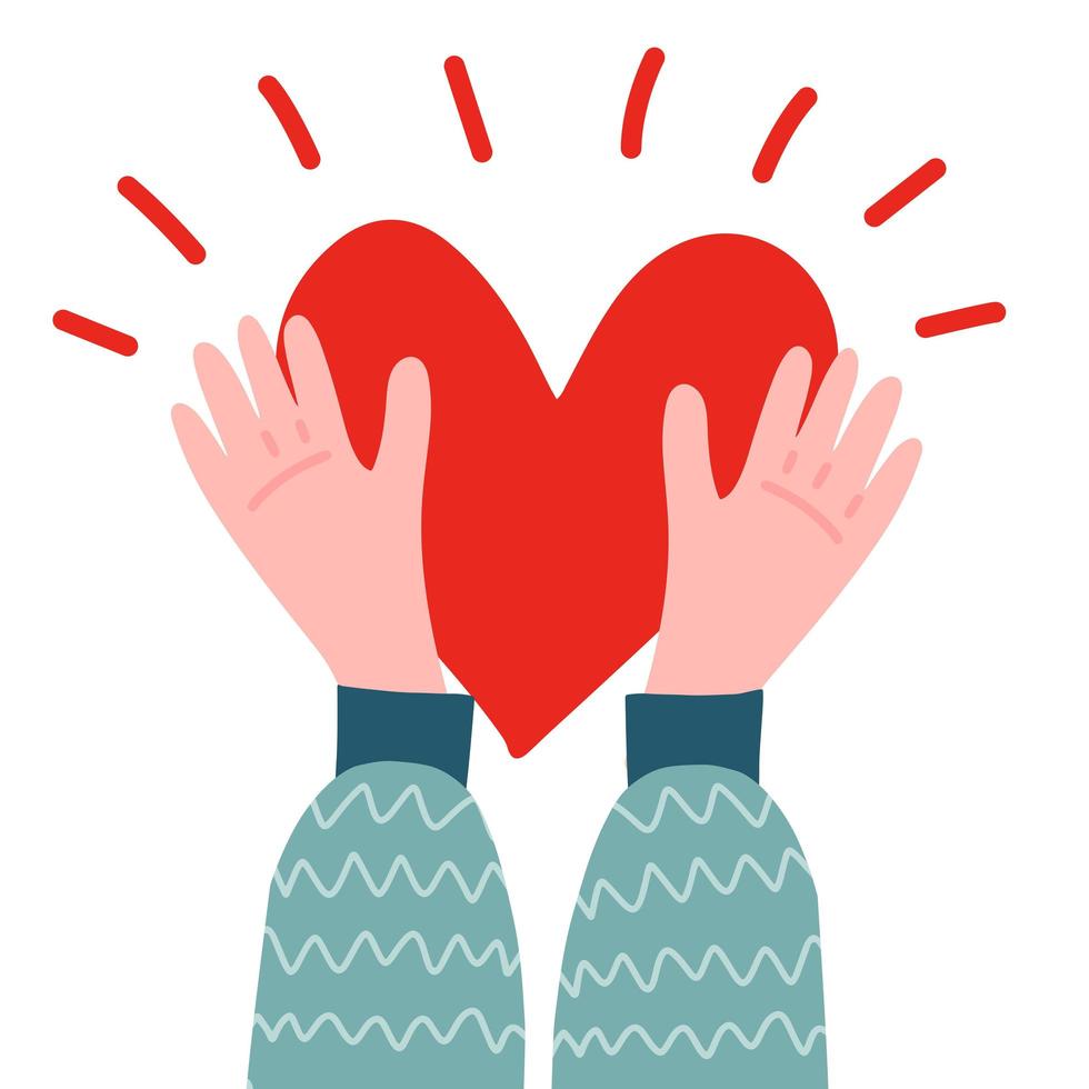 dos manos masculinas sosteniendo un gran corazón rojo sobre un fondo blanco. un personaje acogedor con un suéter de punto comparte sus sentimientos. ilustración de vector plano dibujado a mano