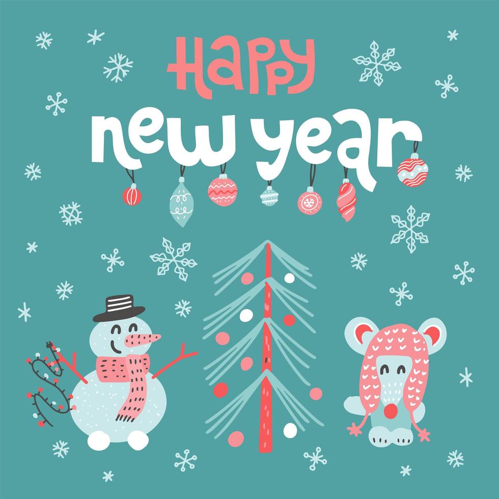 tarjeta de felicitación de feliz año nuevo con cita de letras. lindo ratón decora el árbol de navidad y el muñeco de nieve. estilo escandinavo de dibujos animados planos. tarjeta de felicitación de año nuevo, cartel, pancarta vector