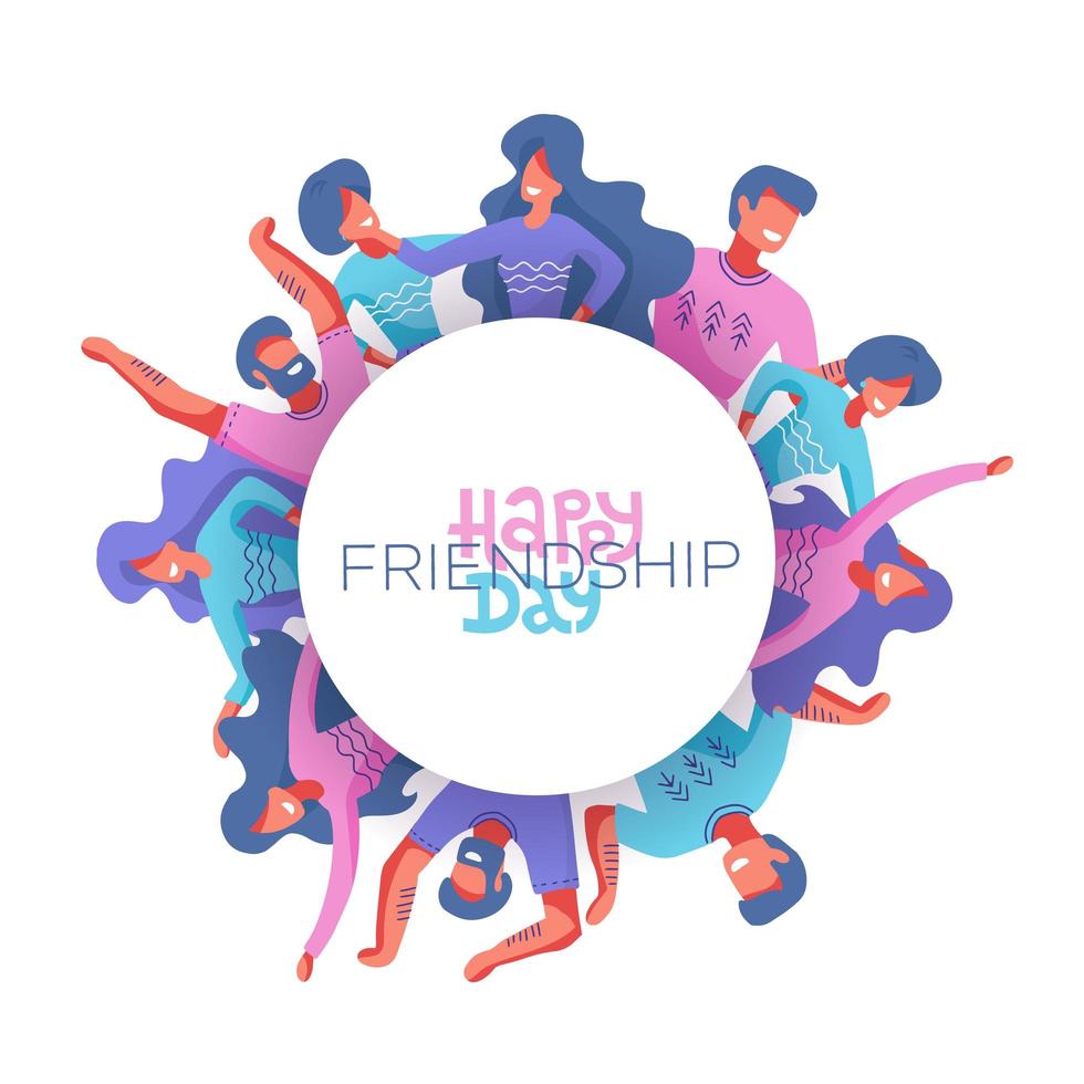 círculo de amigos avatares de diferentes géneros como símbolo del día internacional de la amistad. feliz tarjeta de felicitación del día de la amistad. gente abrazándose y sonriendo. ilustración aislada plana dibujada a mano moderna vector