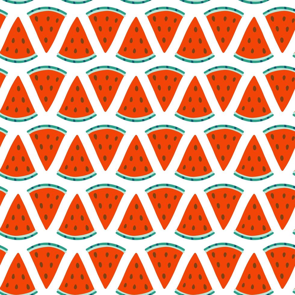 Seamless geometric pattern with triangle slices of watermelon. Red pieces on white background. Vector flat hand drawn illustration.