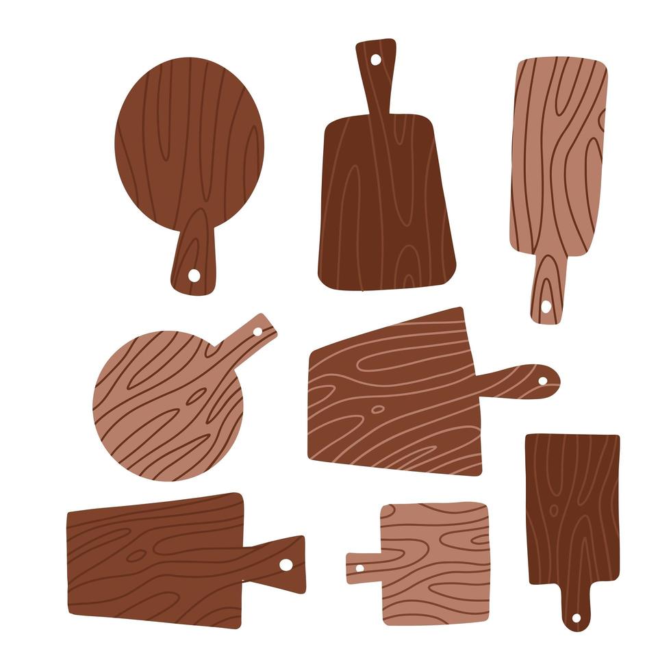 Set of cutting boards isolated on white. Different cutting boards made of wood. Flat hand drawn vector illustration.