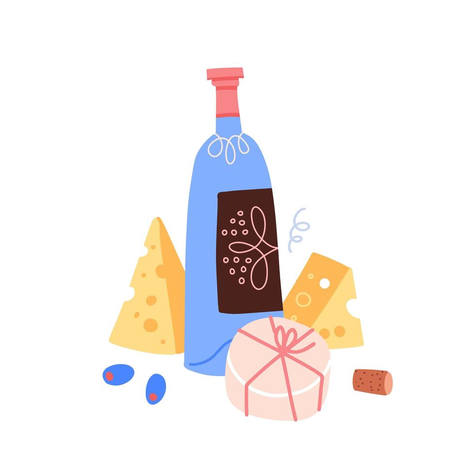 Still life with wine and gourmet cheese. An abstract bottle of wine and brie. Vector illustration in a flat style on a gray background.