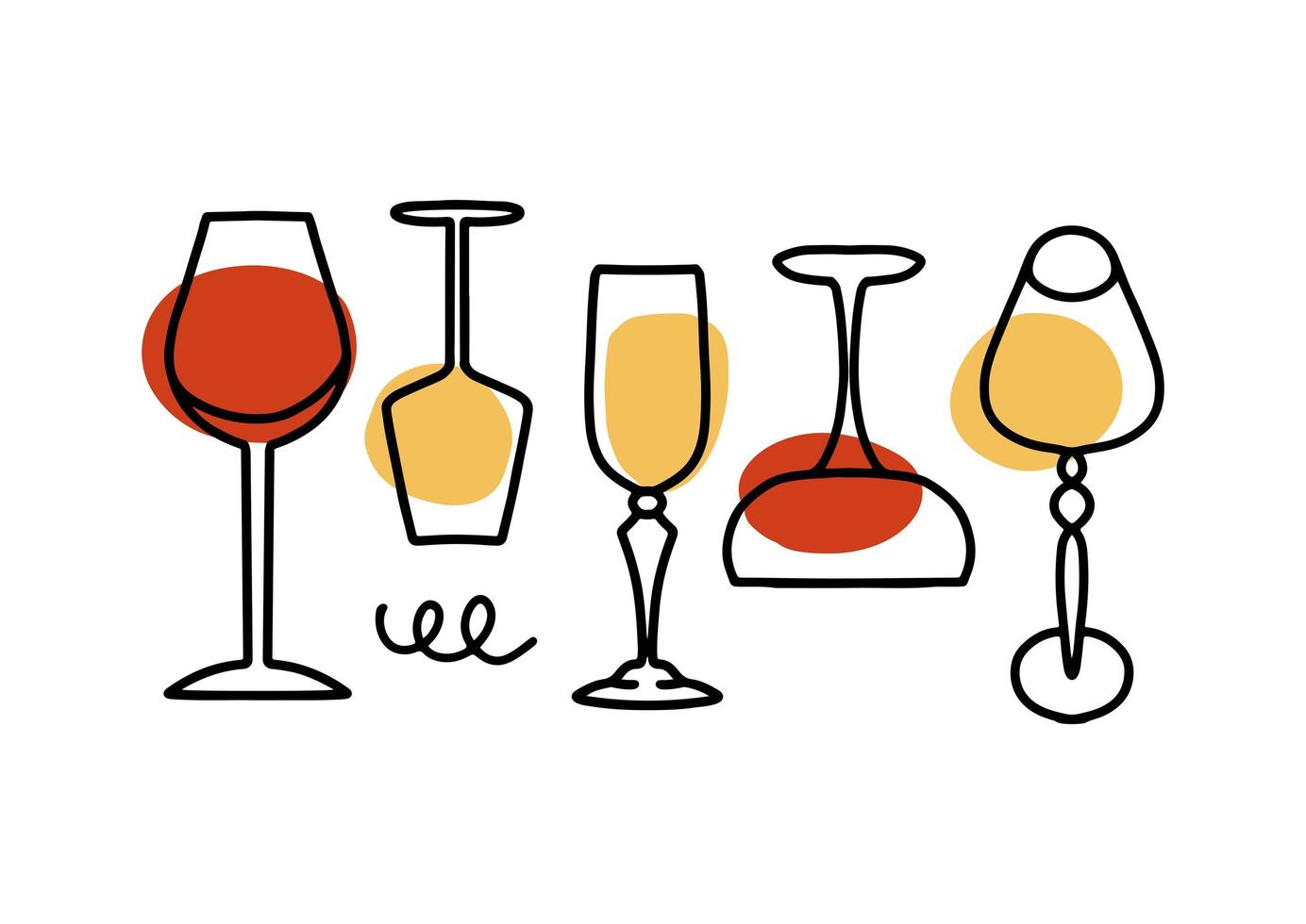 Concept of wine glasses. Colorful abstract conposition of linear glassware with color abstract shapes. Hand drawn minimalistic Illustration for bar, restaurant cafe night club vector