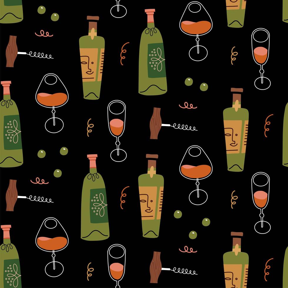 Seamless pattern with wine bottles, corkscrew and glasses. Vector flat hand drawn illustration on black background.