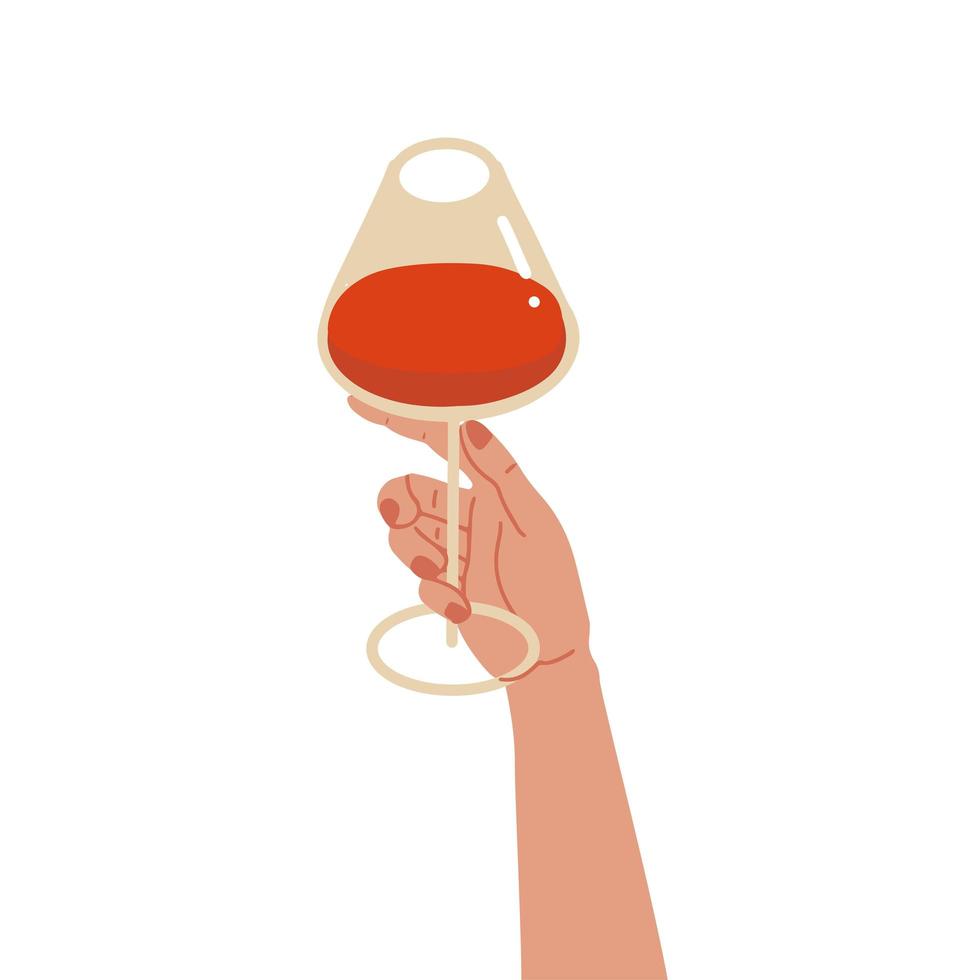 Elegant female hand holding glass of red wine. Woman s arm with wineglass of Alcohol drink. Concept of wine lover. Side view. Flat hand drawn vector illustration