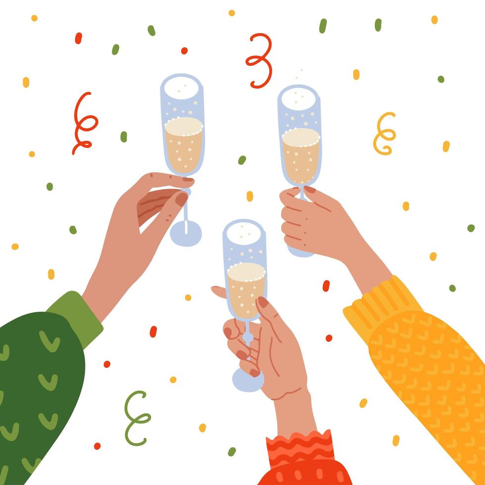 Raised hands holding champagne glasses. New year celebrating with confetti. Party invitation backgroundFlat hand drawn vector illustration.