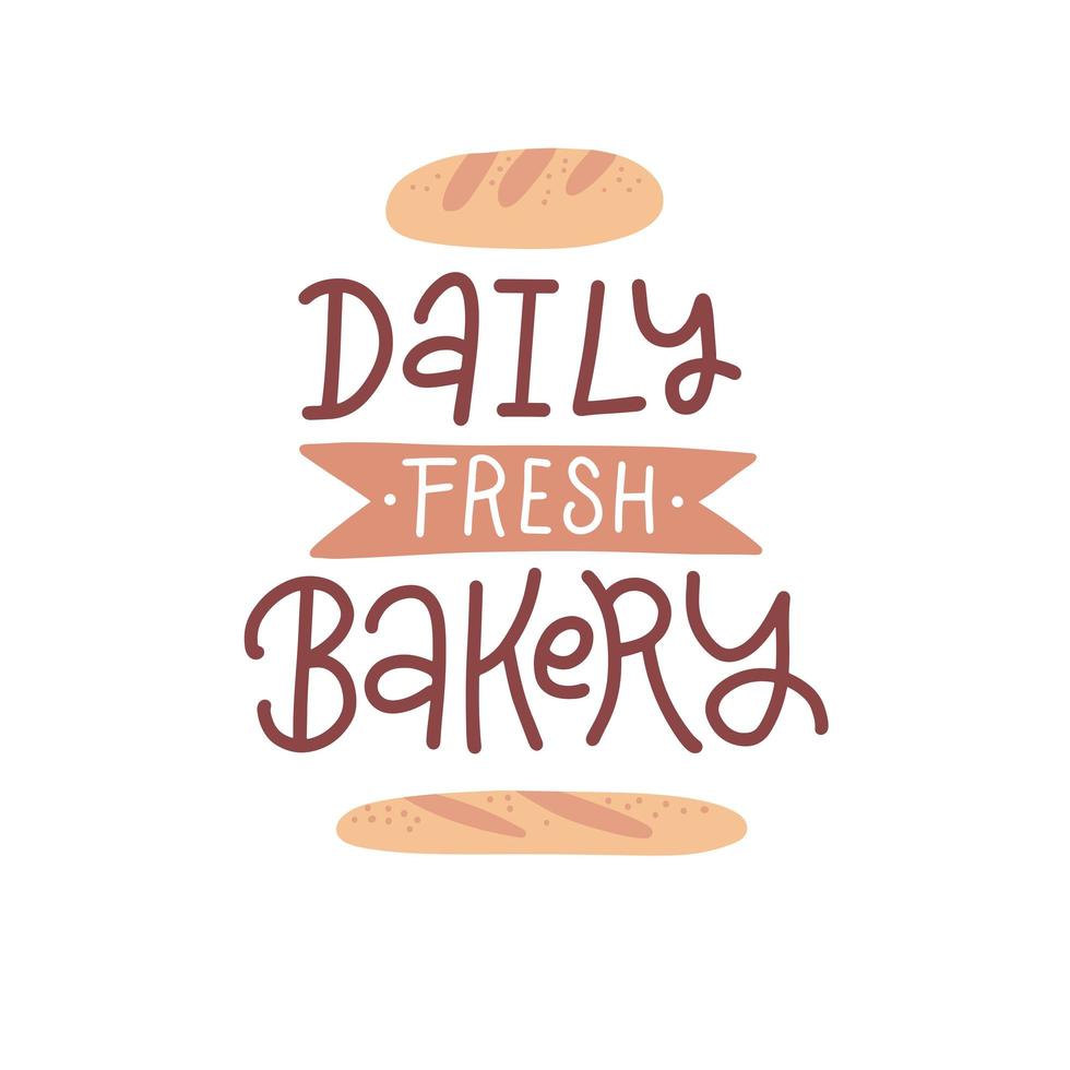 daily fresh bakery - lettering isolated concept. Bakery colorful flat emblem with bread, loaf, baguette. Retro bakery logo concept, vector