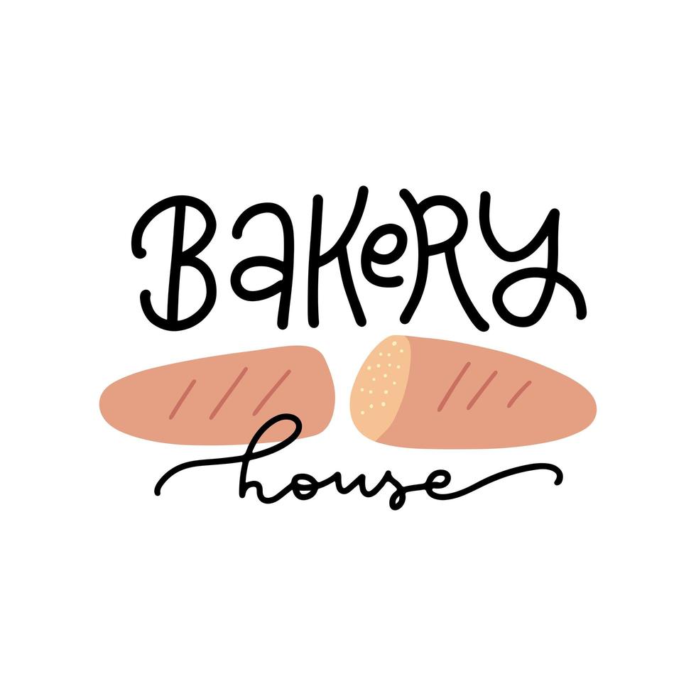 concepto de casa de panadería en estilo de letras con pan en rodajas. ilustración dibujada a mano plana vectorial. vector