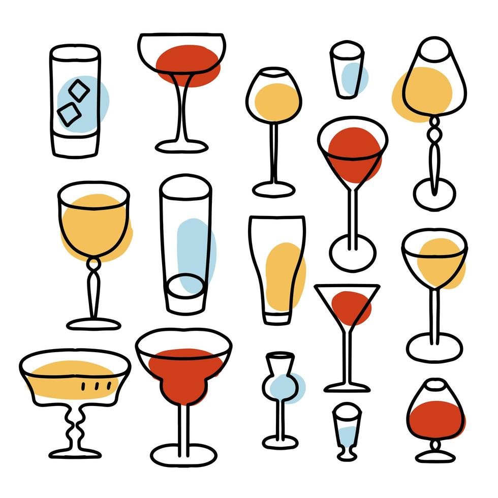 Line wineglass, cocktail cup icon set. Binge, drink, champagne, wine glassware elements with abstract shapes. Party celebration, holidays event, adult carnival element icon. Vector linear design.