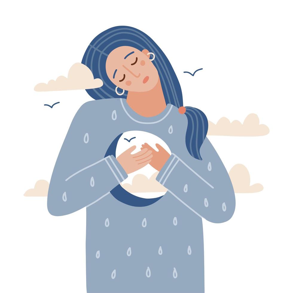 Yound homan looking sad with a hole in her chest. An analogy to sadness, depression, mourning, bad feelings. Isolated flat hand drawn vector illustration.