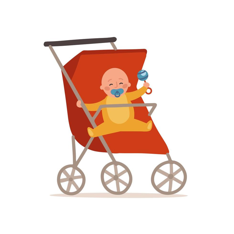 Cute little baby sitting in an red baby stroller. Safety handle transportation of small kids concept. Flat vector illustration