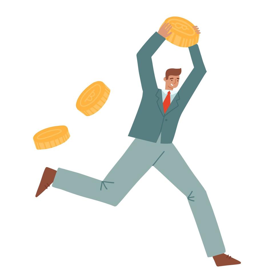 Young Man, businessman running, hurrying with giant bitcoin. BTC, cryptocurrency concept with businessman and giant golden coin. Flat cartoon vector illustration isolated on white background.