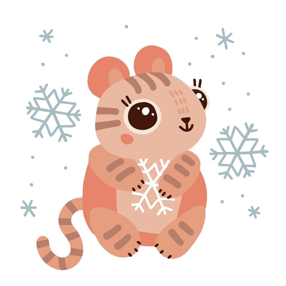 lindo y divertido tigre kawaii sosteniendo un copo de nieve rodeado de nieve. ilustración plana aislada del vector de vacaciones de invierno. lindo símbolo del año 2022.