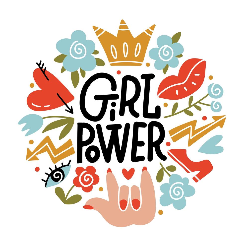 Girl power - vector hand drawn lettering concept with female symbols in flat doodle style. Feminism round composition. Circle chape illustration for cards and banners isolated on white background.