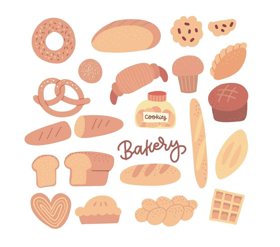 varios iconos de productos de panadería y pastelería establecidos en estilo plano dibujado a mano. sabrosa ilustración vectorial. todos los elementos están aislados sobre fondo blanco. vector