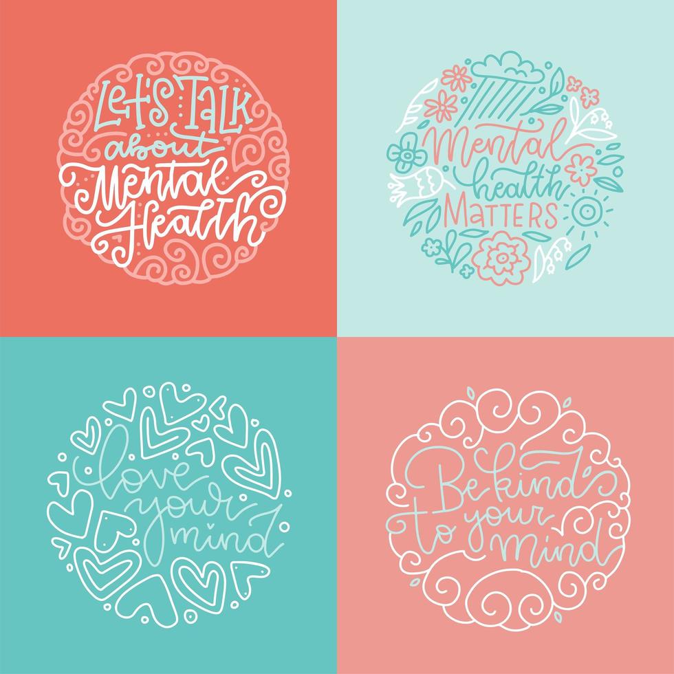 Set of four card design template with hand drawn lettering. Mental health slogan stylized typography in linwar round shape concepts. Modern concept layout for psychologists. Line vector illustration.