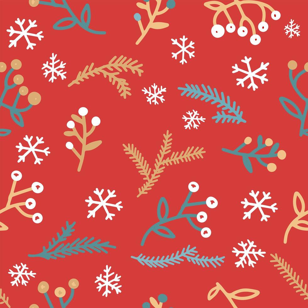 Seamless christmas red background with snowflakes, fir tree sprigs and red berries. Winter seamless pattern for happy new year and merry christmas vector illustrations.