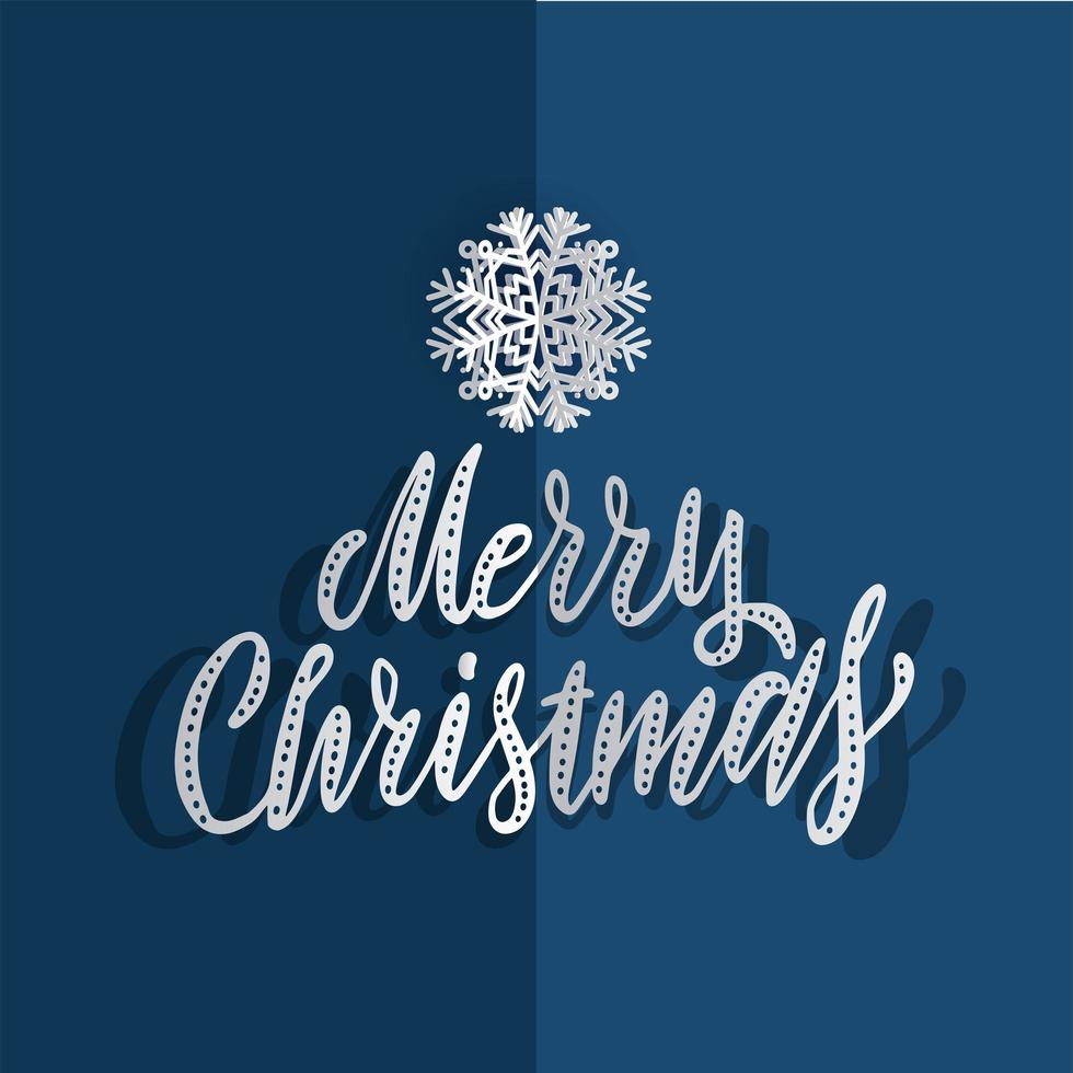 copos de nieve de navidad de papel blanco vectorial sobre un fondo azul con letras de pincel dibujadas a mano feliz navidad vector