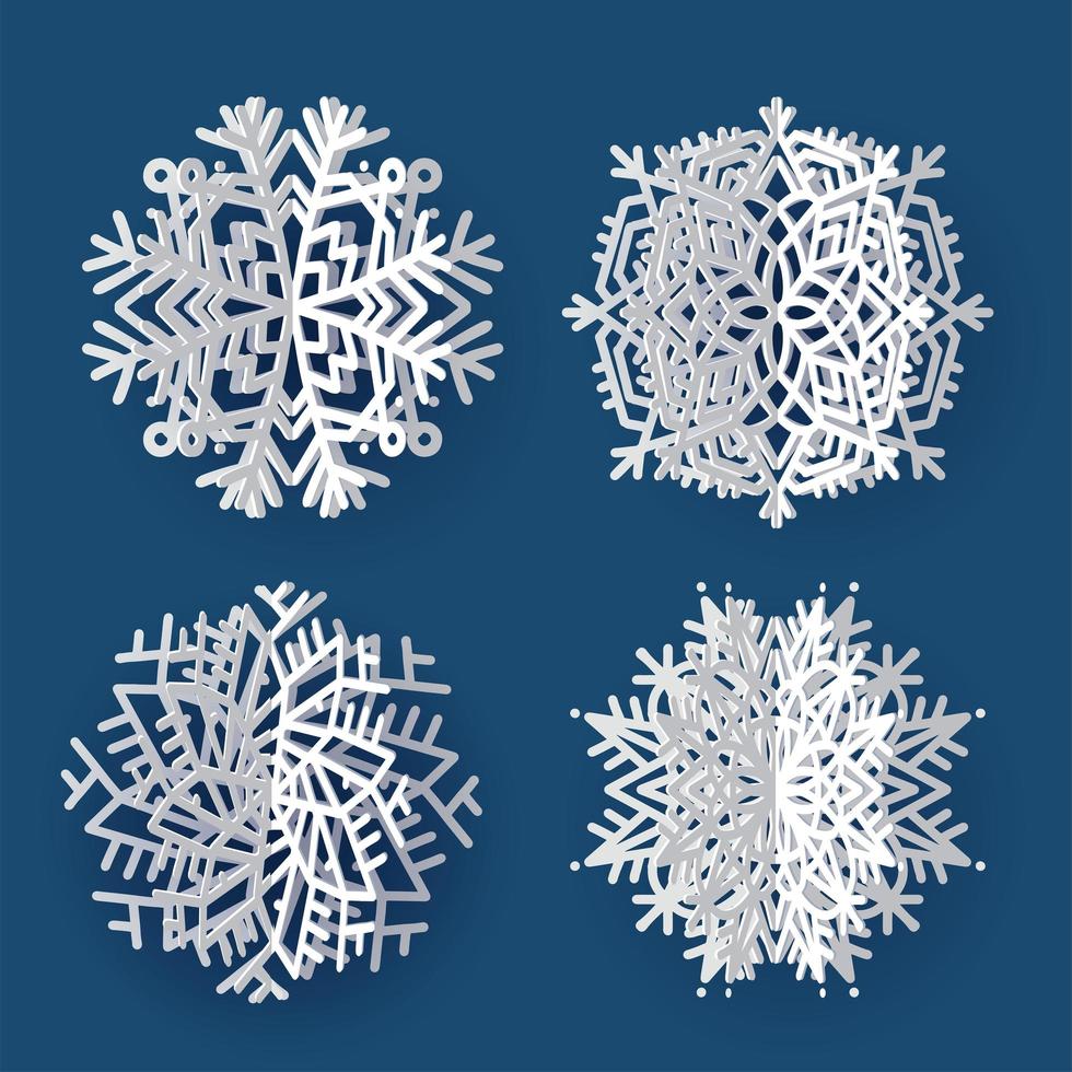 Set of white 3d volume paper snowflakes on dark blue background. Three-dimensional paper cur flakes of snow with shadows. vector