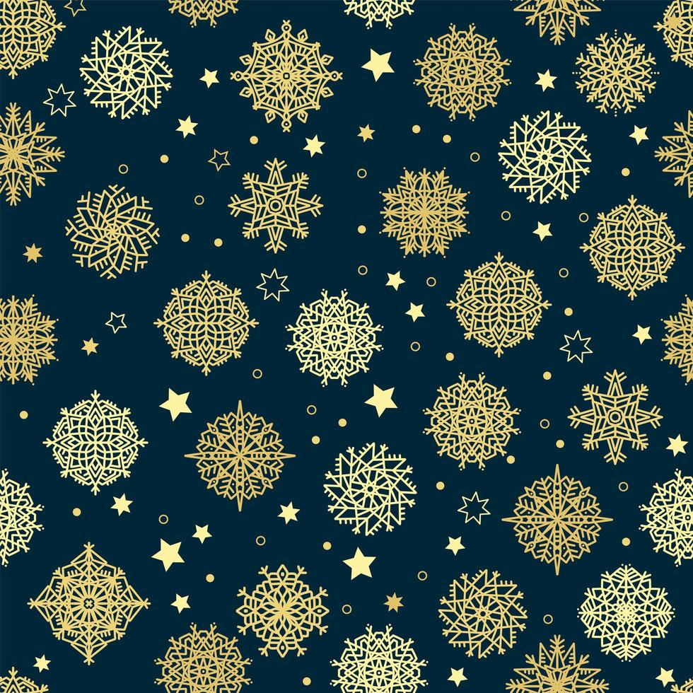 Seamless pattern of snowflakes. Golden snowflakes on dark blue background. Flat vector illustration