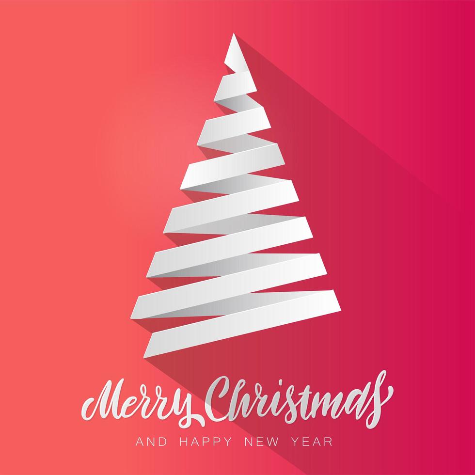 Simple vector christmas tree made from white paper stripe - original Merry Christmas card. Volume paper cut fir like arrow with shadow.