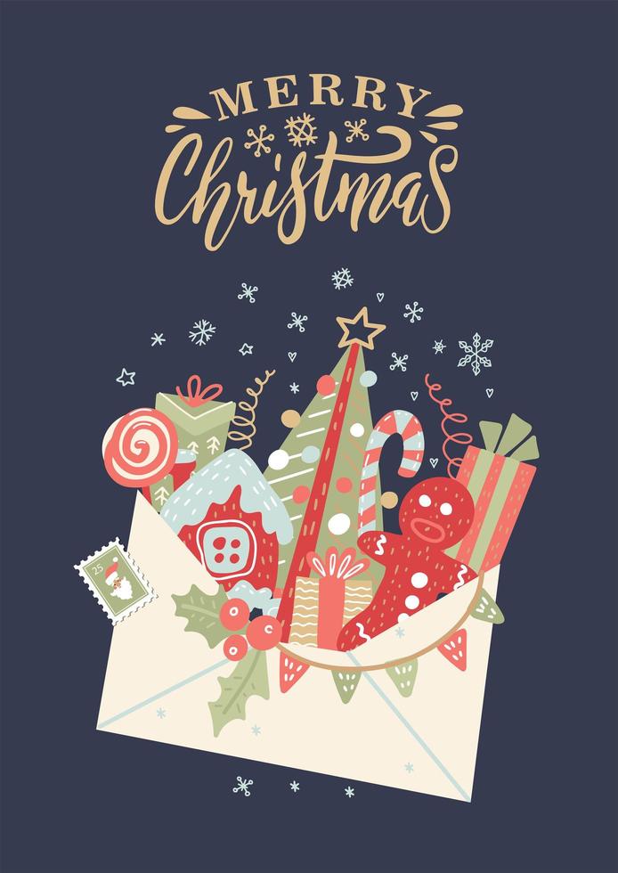 Letter to Santa Claus. Christmas card with Open envelope with box gift, bow, candy cane, xmas tree on dark background. Christmas ornament decorations. Vector calligraphy lettering