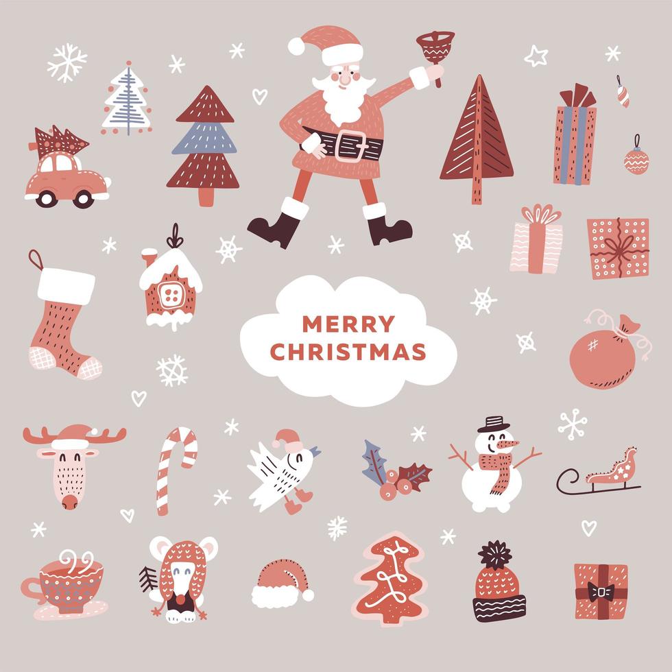 conjunto de elementos gráficos navideños, santa, árboles navideños, muñecos de nieve y otros elementos de diseño. ilustración de fideos dibujados a mano plana. vector