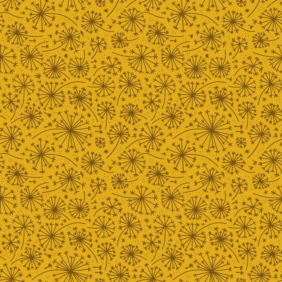 patrón sin costuras de diente de león. semillas de plantas de polen de hierba de dientes de león que soplan textura de flor de pelusa de viento tranquilo. ilustración mínima de vector plano en estilo garabato para tela, diseño de moda en color ocre