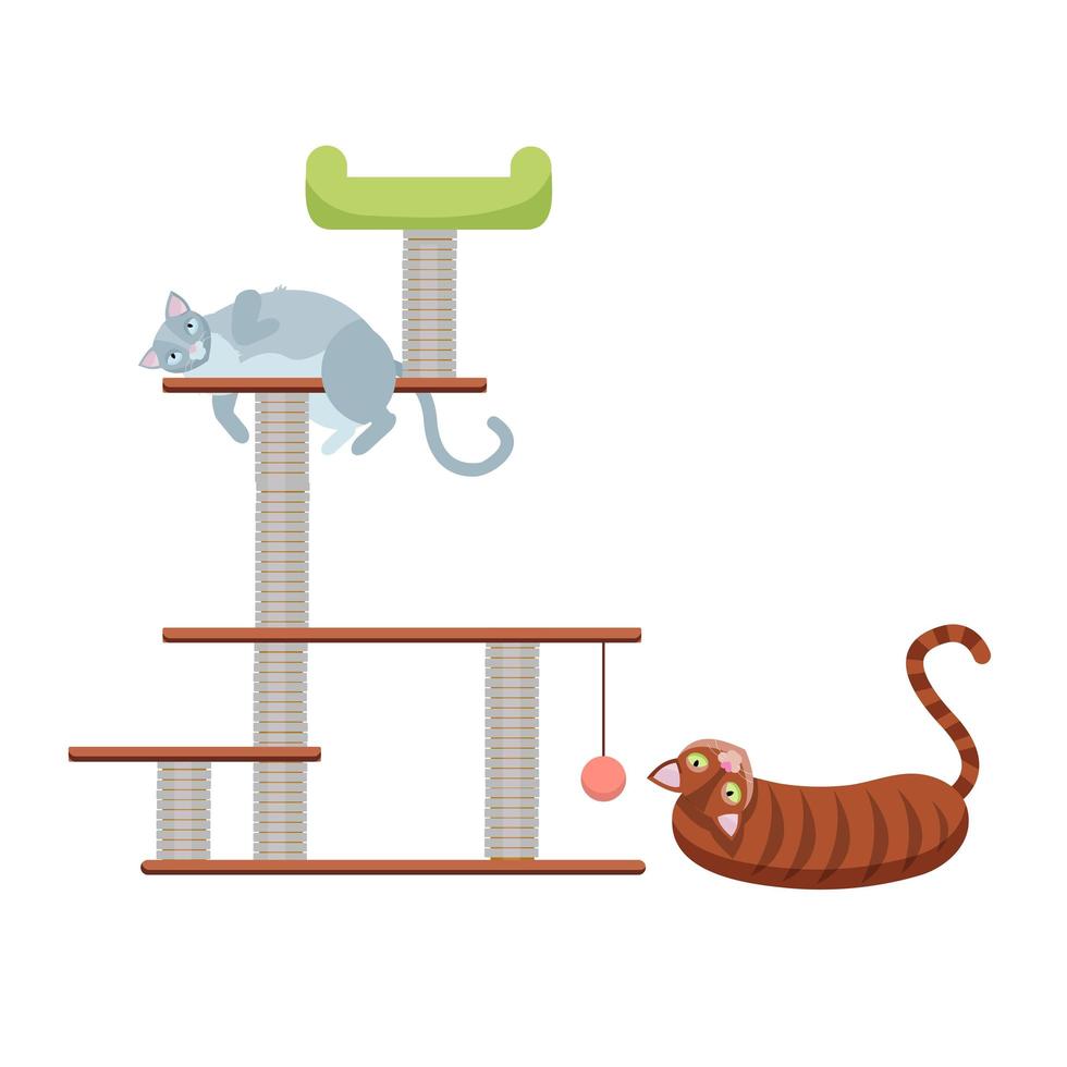 gatitos atigrados en el rascador. rascando el poste de la cuerda. Casa para gatos con juguete de bola colgante. lindo gato acostado en la torre del gato. ilustración vectorial de dibujos animados plana vector