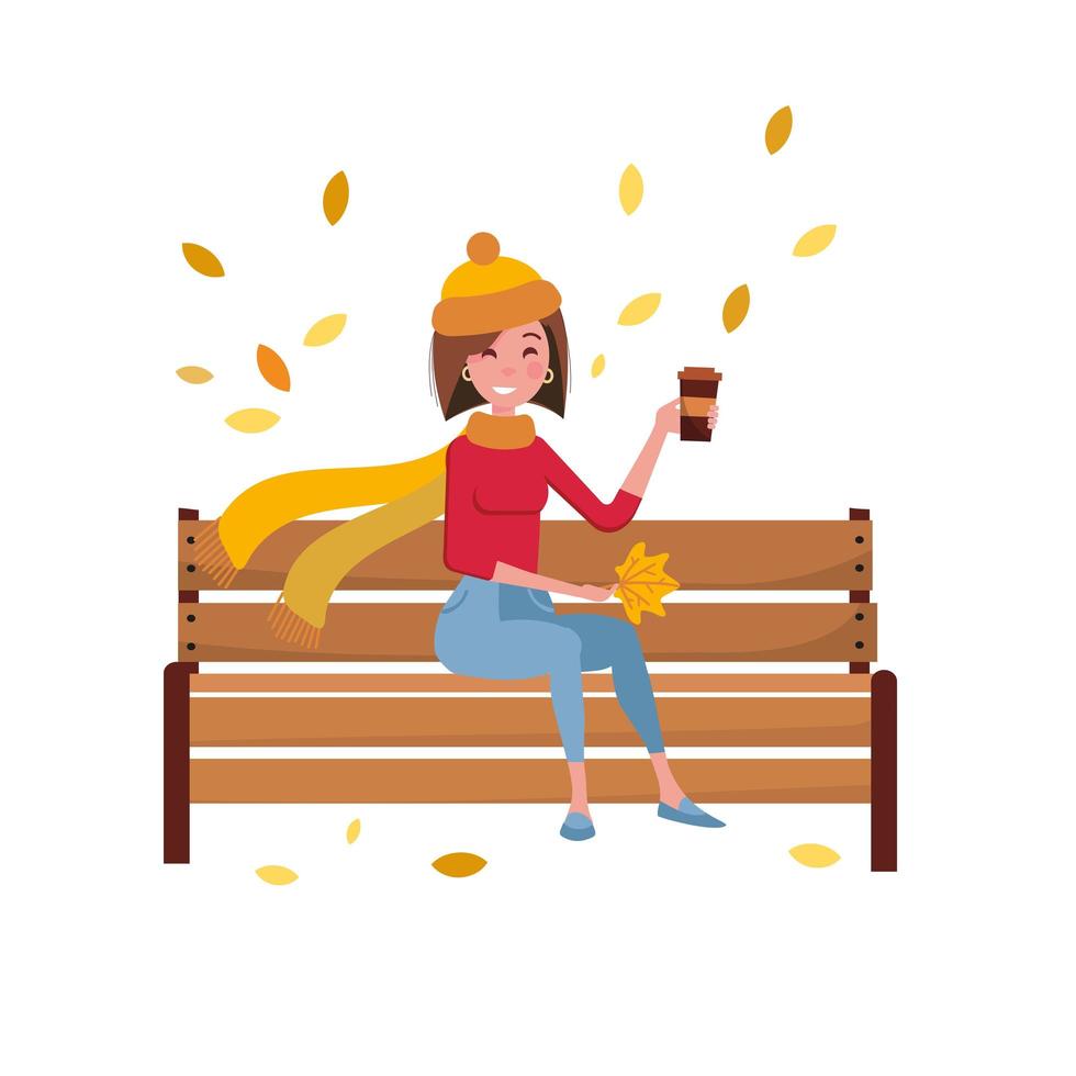 Young Woman character sitting alone on bench in autumn park. Breaktime of brunette female in warm clothes drinking cup of coffee outdoor. Person holding hot drink and yellow leaf. Vector flat cartoon