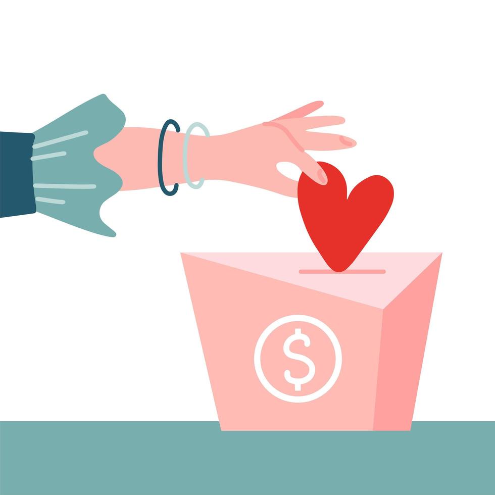 Female hand pushing heart love in box charity and donation concept. Flat vector illustration. Container for monetary donation with dollar sign. Charity symbol of hand putting money into the box.