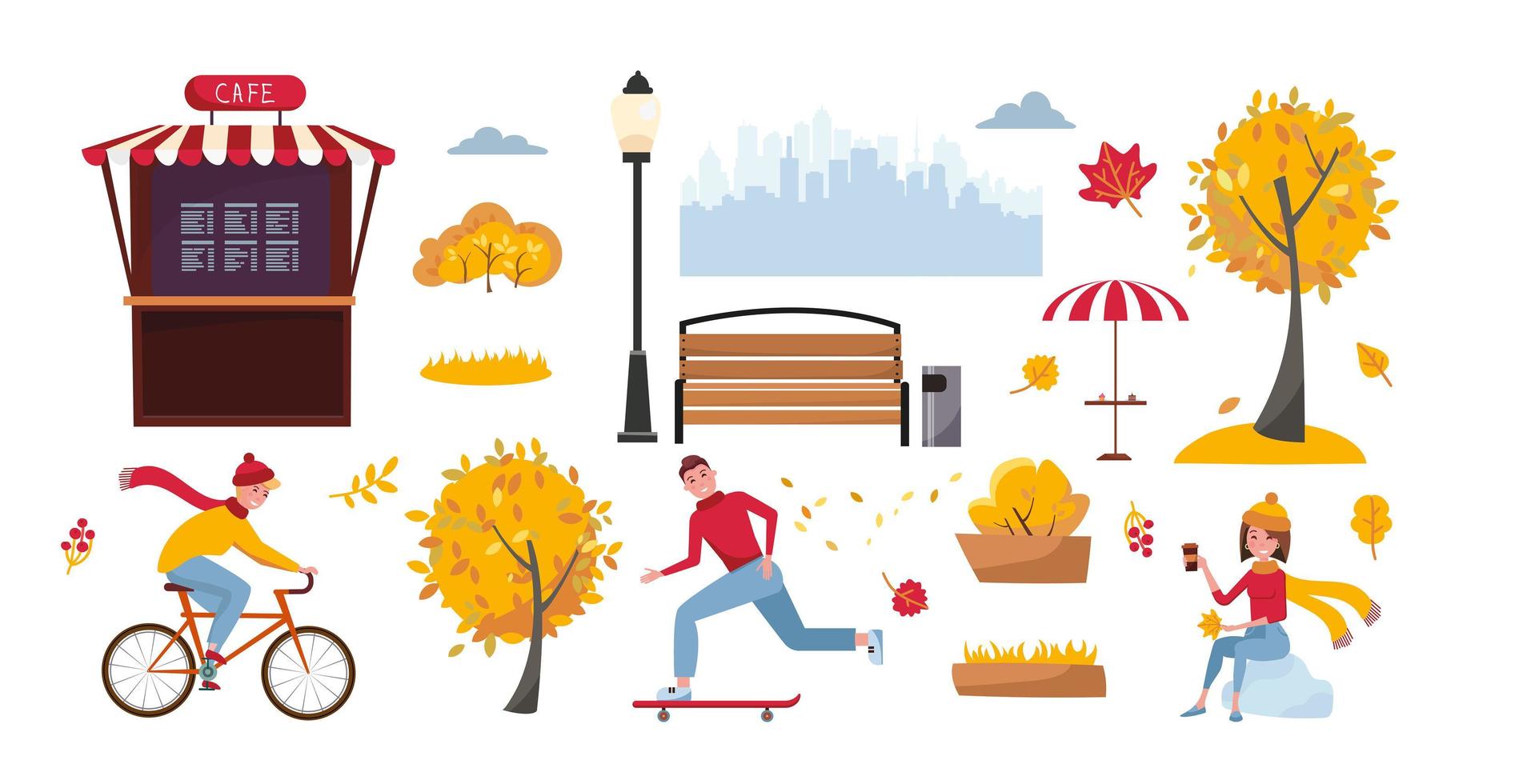 Set of objects for autumn park isolated on white background. Landscaping elements. Vector cartoon flat illustration with trees and people.