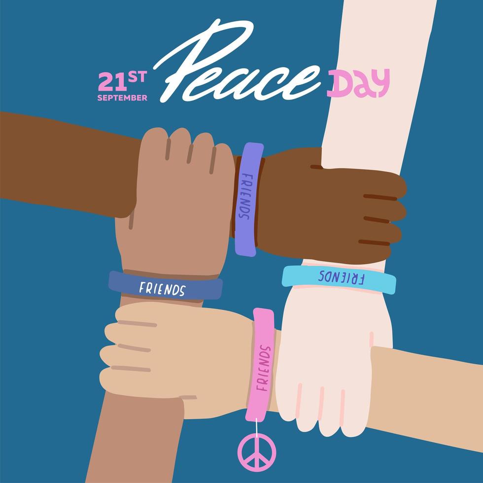 Four hands of people of different races and nationalities crossed together. International Day of Peace. Flat design, vector illustration with hand drawn lettering.