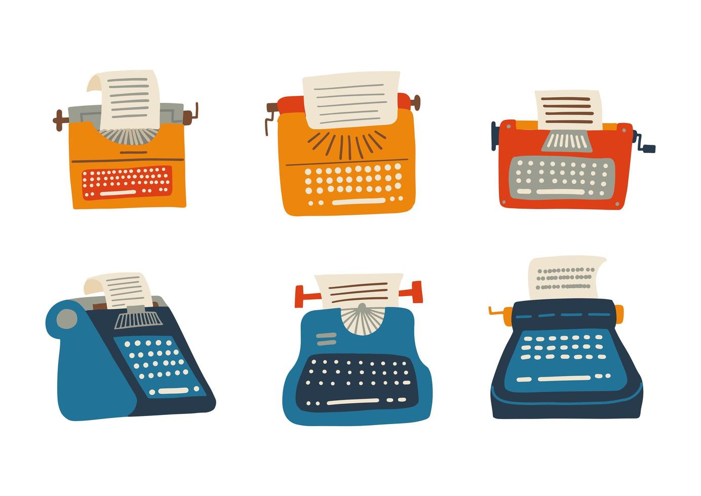 Set of Typewriter old vintage keyboard machine, retro mechanical type-writer for writing and typing. Collection of antique print seccretary objects. Flat abstract vector illustration.