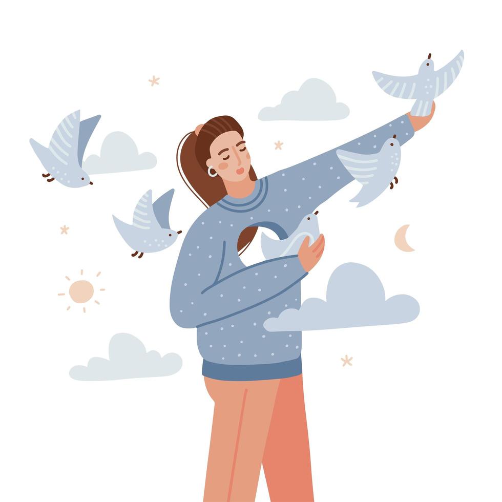 Young sad woman frees the birds from her chest. A girl with a hole in her chest concept. The psychological metaphor of mental health, manipulation or dependence. Vector flat hand drawn illustration