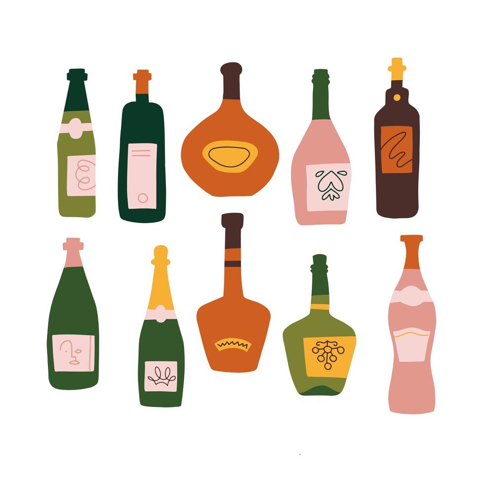 Set of alcohol bottles with different shapes and colors. Abstract flat design vector illustration isolated on white background.
