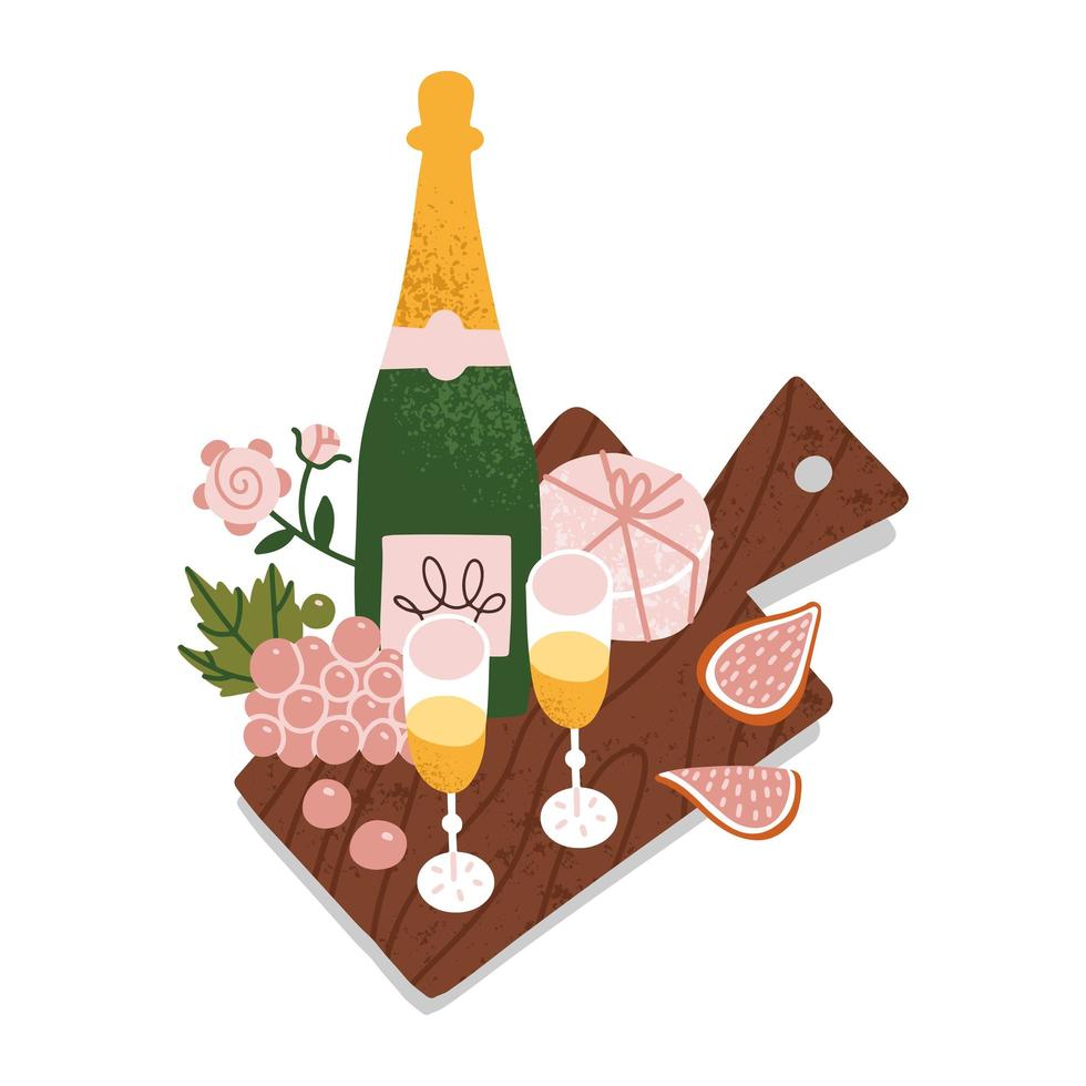 Champagne sparkling wine in a Bottle and two Glasses Served with Cheese, grapes, brie cheese and Fig on Wooden Board. Flat hand drawn textured Vector Illustration