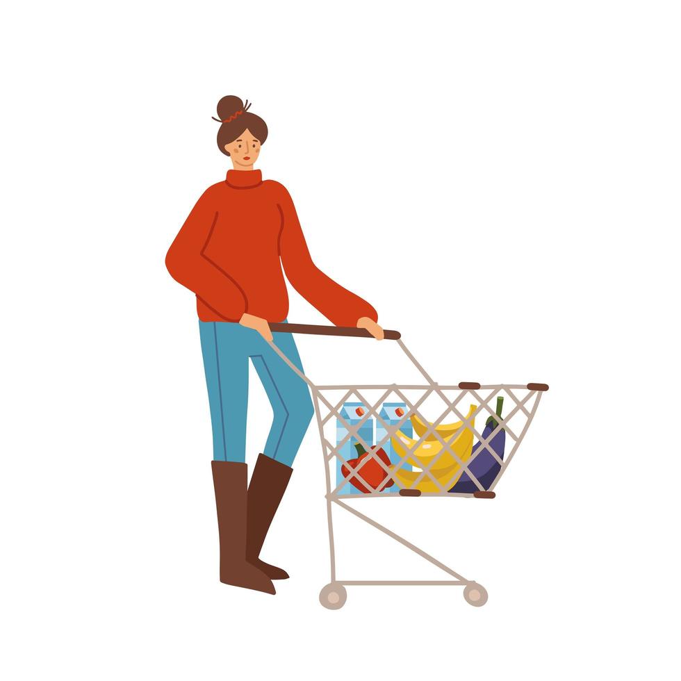 Young Woman in casual clothes shopping in supermarket, pushing shopping cart. Girl in sweater hold grocery trolley with organic food. Vector flat hand drawn illustration