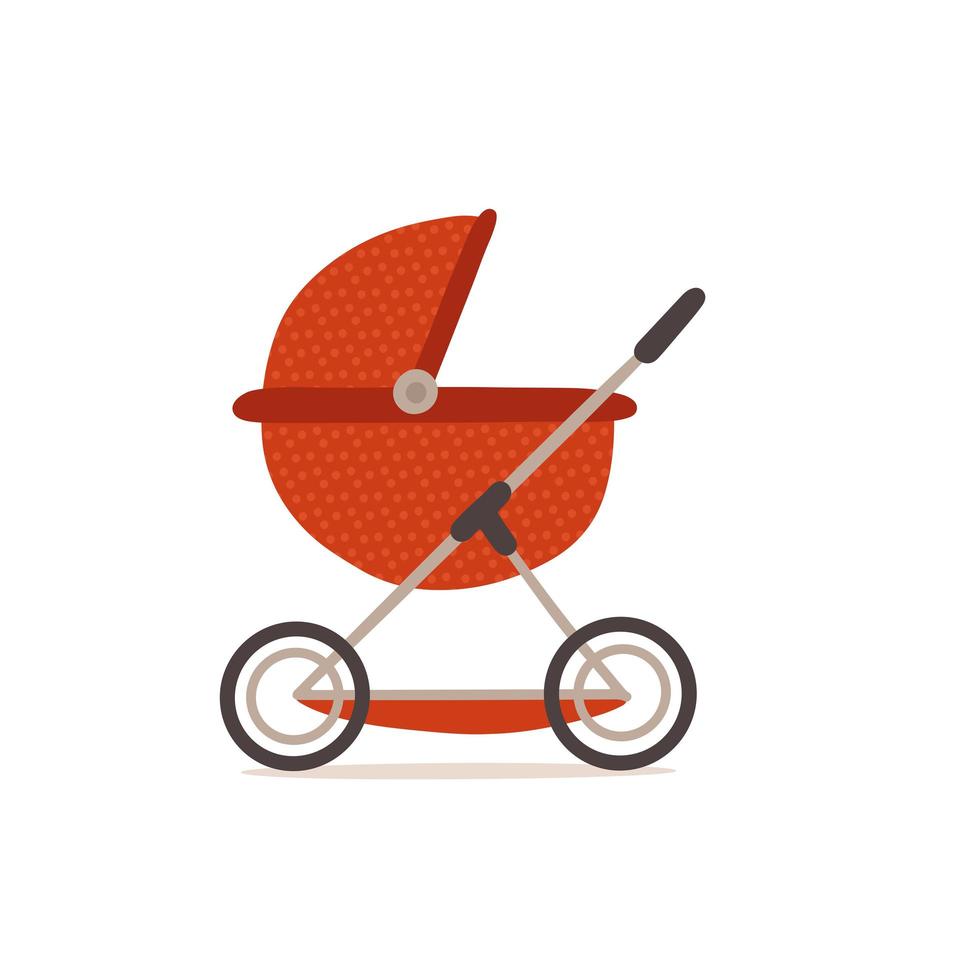Baby Carriage Stroller. Textured Red baby s pram. Cute Child Transport. Vector flat hand drawn illustration for child s born card. Side view