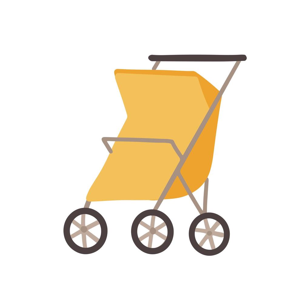 Cute yellow pram isolated kiddo holding handle of perambulator. Toddler sitting in comfortable pushchair with protection from sun. Traveling and walking outdoors. Vector in flat style